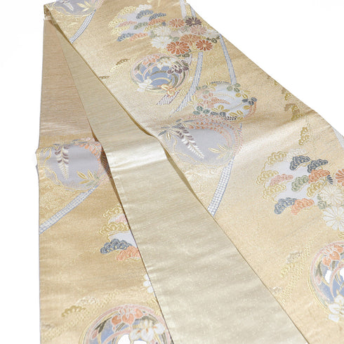 袋帯 リサイクル 帯丈432cm 六通 花丸柄 ゴールド Sサイズ 正絹 Sランク フォーマル セミフォーマル